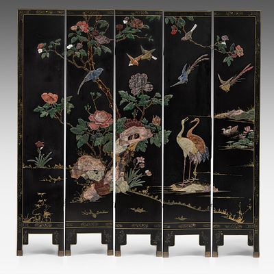 A Chinese five-panel lacquered chamber screen and inset with fine mineral carvings, 20thC, each 