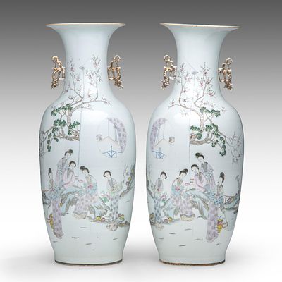 A pair of Chinese famille rose 'Ladies in a Garden' vases, signed text, paired with lingzhi 