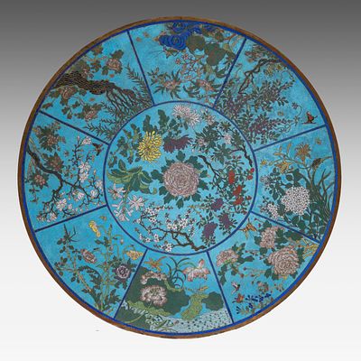A rare Chinese cloisonne 'Flower Garden' round panel, late 18thC, dia 65 cm. A rare Chinese 