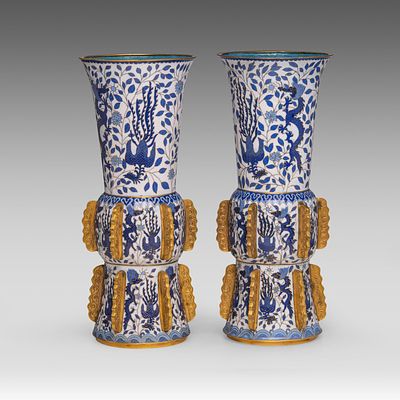 A pair of Chinese cloisonne 'Dragon and Phoenix' Gu vases, Republic period, H 36,5 cm. A pair 