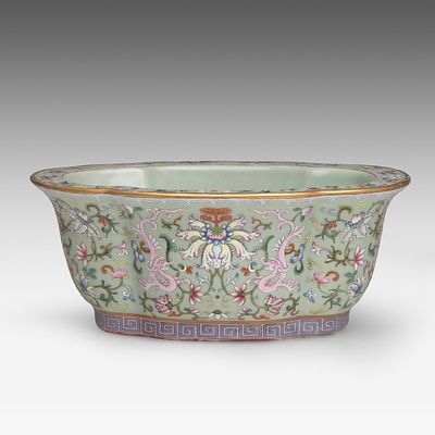 A Chinese famille rose on celadon ground 'Scrolling Lotus' quatrefoil planter, marked Daoguang 