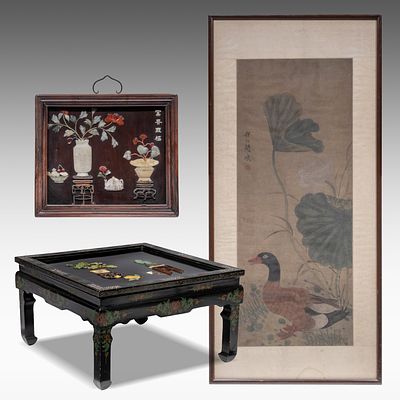 A Chinese 'One Hundred Treasures' wooden panel inset with carved minerals, Qing - and a table 