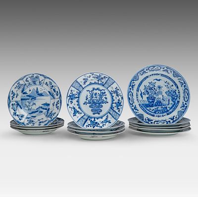 A collection of Chinese blue and white export ware dishes, incl. decoration of 'Flower Basket' 