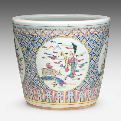 A Chinese famille rose 'Female Immortals' cachepot, late 19thC, H 31 - dia 35 cm. A Chinese 