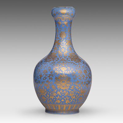 A Chinese gilt on blue-ground 'Scrolling Lotus' garlic-mouth bottle vase, with a Qianlong mark 