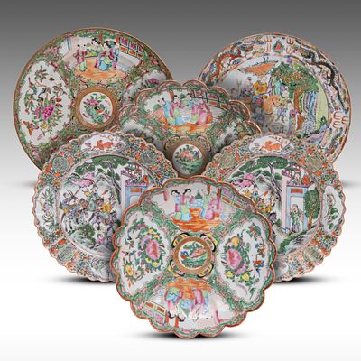 A collection of six Chinese Canton plates, incl. three Rose Mandarin plates, late 19thC, dia 21 