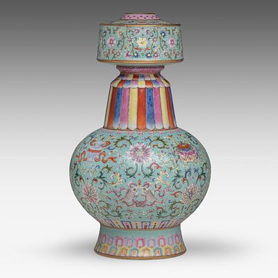 A Chinese famille rose turquoise ground 'Bajixiang/ Eight Buddhist Emblems' Tibetan-style altar 