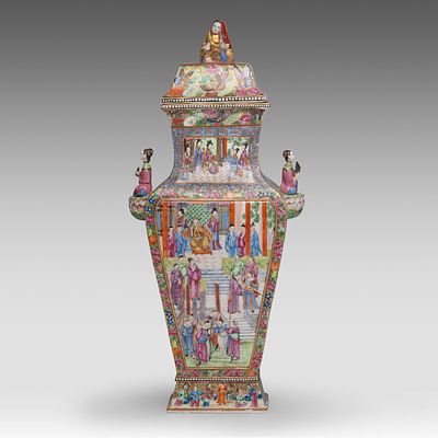 A Chinese Canton Rose Mandarin lidded vase, paired with unique handles of a lady seated on a 