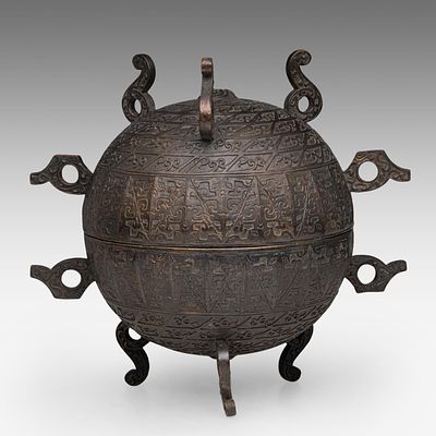 A rare Chinese archaistic bronze 'Dui' spherical food vessel and cover with geometric pattern 