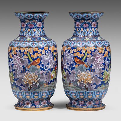 A pair of Chinese cloisonne enamelled 'Birds amongst Peony Blossoms' vases, 20thC, H 63 cm. A 