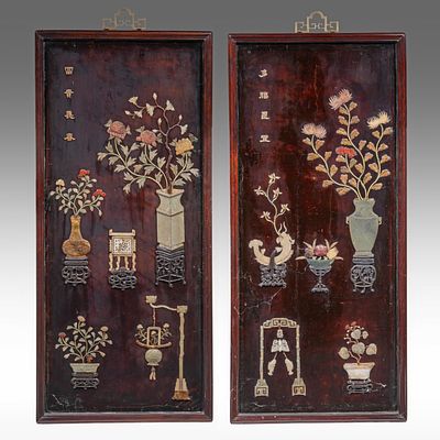 A matching pair of Chinese 'One Hundred Treasures' hardwood panels set with carved minerals 