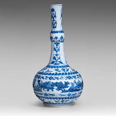 A Chinese blue and white 'Figures in Mountainous Landscape' garlic-neck bottle vase, 17thC 