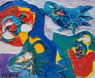 Karel Appel (1921-2006), Composition with a Blue Bird, oil on canvas 38 x 46 cm. (14.96 x 18.10 