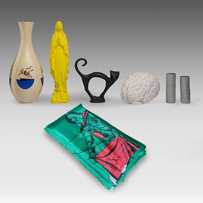 Katharina Fritsch (1956), a series of 6 multiple objects (Cat/Vase/Madonna/Scarf/Money/Brains) 