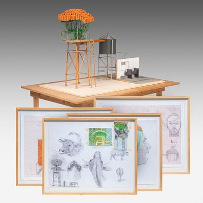 Dirk Zoete (1969), 'Wonen in een hoofd' maquette with 4 original framed design drawings on 