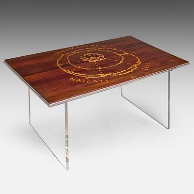 Panamarenko (1940-2019), antique wooden table top with the Panamarenko device 'Efil Nailati' 