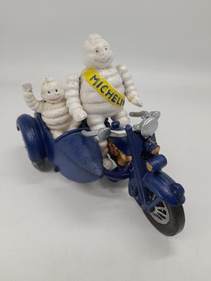 Michelin Man caste iron Motorbike and side car with 2 figures