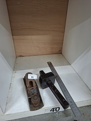 Wood mortice gauge, small plane &amp; steel rule