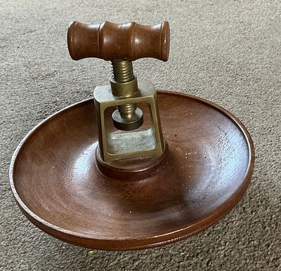 VINTAGE WOOD &amp; BRASS NUTCRACKER / SHELL CATCHER MADE IN CORNWALL LABEL TO BASE