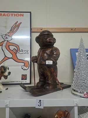 LARGE 18” VINTAGE BLACK FOREST CARVED WOOD SKATING BEAR