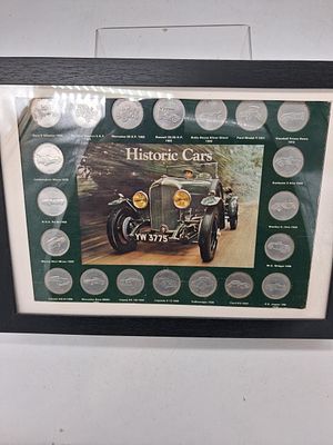 Shell Historic Cars coin collection, complete and framed