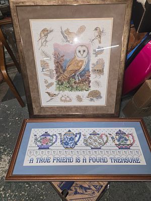 Two Framed Cross-Stitch Needlework Wall Hangings