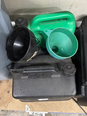 A Group of Plastic Fuel Containers and Funnels, Tetraselcan