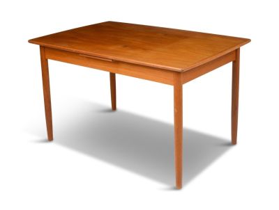 Danish Modern Extendable Teak Dining Table. Height 28 inches, top 48 x 32 inches, with two 18 