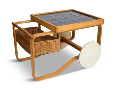 Alvar Aalto, "900" Bar Cart for Artek. Original rattan basket, length 36 inches, height 23 