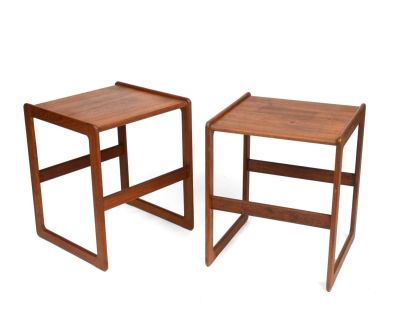 Pair of Arne Hovmand-Olsen Teak End Tables. Height 18.5 inches, top 14 x 15 inches. Made by 
