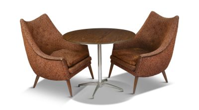 Mid Century Modern Cafe Table and Chairs. The chairs in original upholstery, seat height 16 