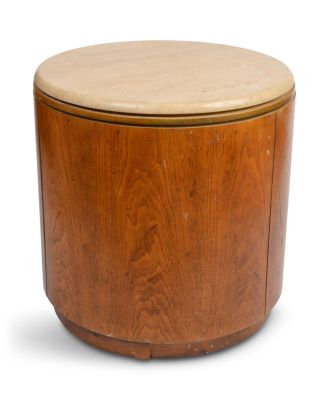 MCM Marble Topped End Table. Height 21 inches, diameter of top 20.5 inches. Some damage to veneer.