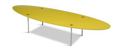 Yellow Surfboard Coffee Table. Height 13.5 inches, top 71 x 24 inches.