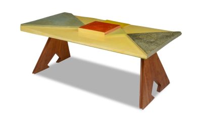 Modernist Wood Coffee Table, c. 1960. With raised geometric forms painted in yellow, green, and 
