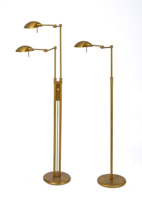 Two Holtkoetter Swing Arm Brass Floor Lamps. Germany, c. 1980, heights 39 to 56 inches.