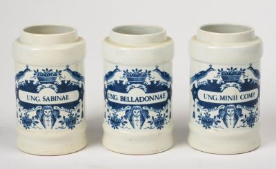 Three OUD Delft Jars. Height 5.25 inches, hand painted mark.