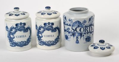Three OUD Delft Jars. Heights 7.25 and 8 inches. Includes a third lid that does not fit the jars.