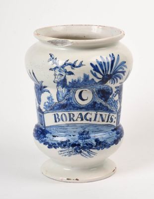 Italian Albarello Drug Jar. Height 8.75 inches, chip to rim.