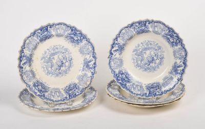 Three English Transferware 'Pompeii' Soup Bowls. Diameter 10 inches, together with two plates.