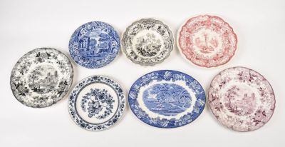 Seven Pieces of English Transferware. Adelaide's Bower soup bowl, diameter 9 inches. Woods Ware 