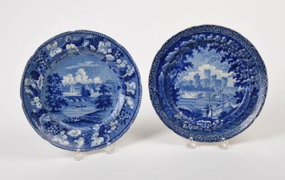 Two English Transferware Plates. Romantic scenes, diameters 8.75 and 8.5 inches.