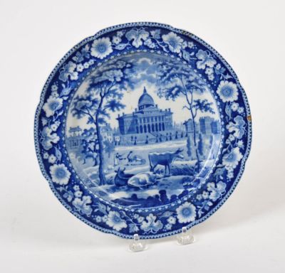 Historical Blue Staffordshire Boston Statehouse Plate. Diameter 10 inches, impressed Rogers 