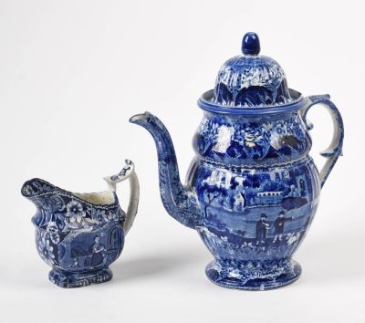 Historical Blue Staffordshire Coffee Pot. Height 12 inches, excellent condition. Together with 