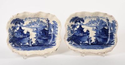 Pair of Italianate Transfer Printed Bowls. Each 11.5 x 9.25 inches, one with repaired break and 