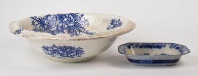 Very Large Flow Blue Bowl. Diameter 16 inches. Together with a Maddock Hindustan dish, cracks 