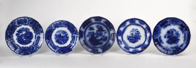 Five Flow Blue Plates. Soup bowl, diameter 8.625 inches, and a dinner plate, both Burgess &amp; 