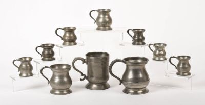 Ten English Pewter Measures. 1826 pint, height 4 inches, and 9 others.