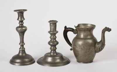 Three Pewter Items. A Belgian coffeepot with dragon spout, height 6.25 inches, missing lid. Two 