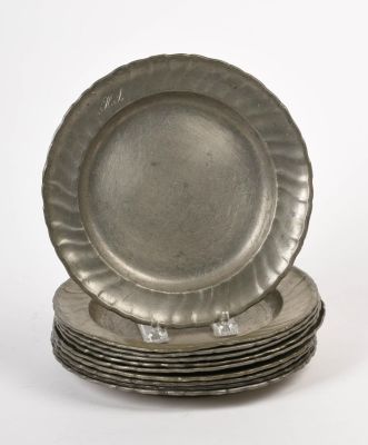 Nine Similar Pewter Plates. Five marked 'F.W. Fein Zin, ' the others with various marks. German 