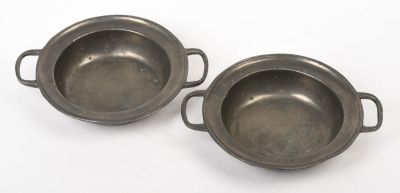 Pair of Pewter Two Handled Bowls. Width across handles 8.625 inches.